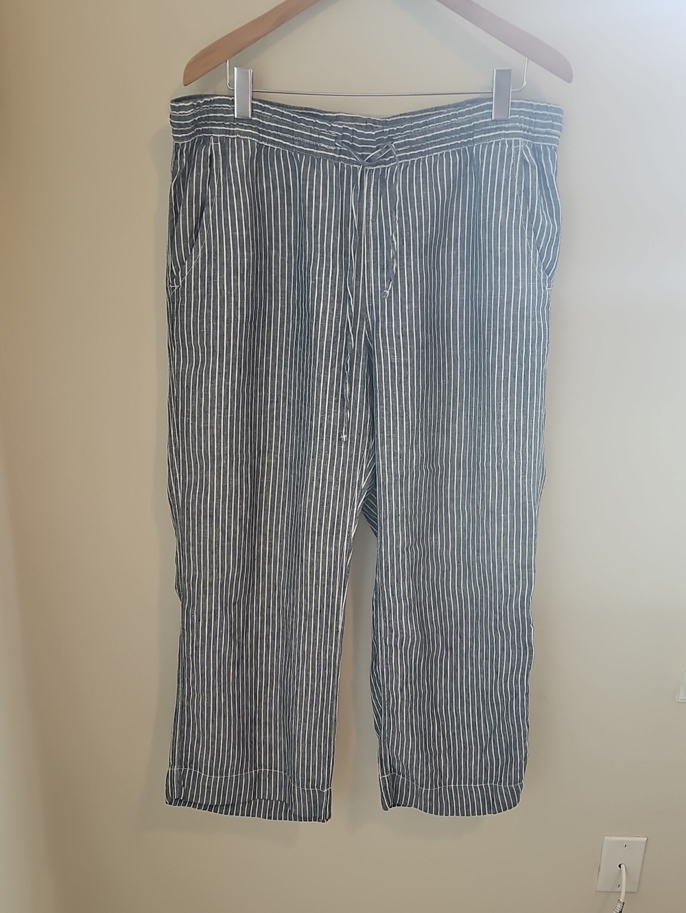 LL Bean Striped Linen Pants Womens Size 16 Pet Blue White Coastal Summer 507344